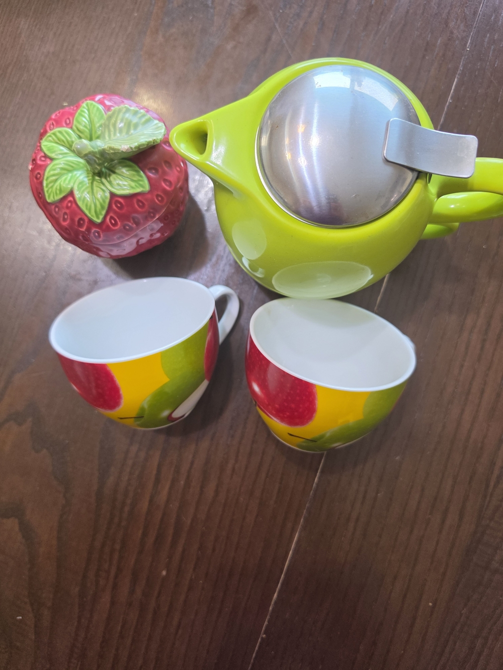 Bright Green Ceramic Tea Set with Fruit Accent Cups